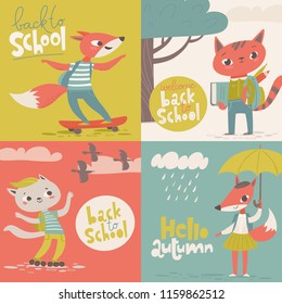 Set of foue welcome back to school vector cards with funny foxes and a cat. 