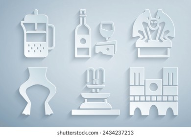 Set Fountain, Gargoyle on pedestal, Frog legs, Notre Dame, Wine bottle with cheese and French press icon. Vector