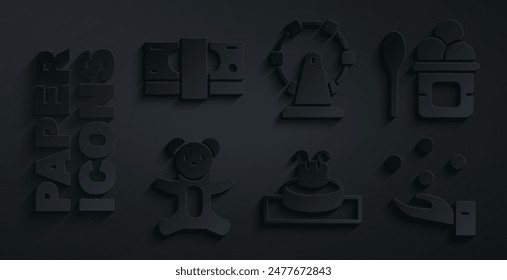 Set Fountain, Ice cream bowl, Teddy bear plush toy, Juggling ball, Ferris wheel and Stacks paper money cash icon. Vector