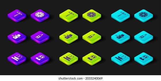 Set Fountain, Location flag Italy, Pinocchio, Bottle of olive oil, Pizza and Wine corkscrew icon. Vector