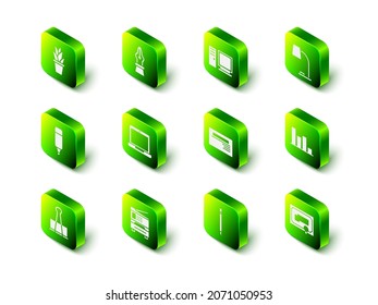 Set Fountain pen nib, Computer monitor, Table lamp, Pie chart infographic, Certificate template, Business card, Pencil with eraser and Printer icon. Vector