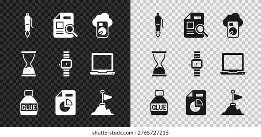 Set Fountain pen nib, Document with graph chart, Cloud database, Glue, Mountains flag on top, Old hourglass and Wrist watch icon. Vector