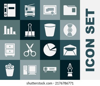 Set Fountain pen nib, Envelope, CD or DVD disk, Certificate template, Binder clip, Pie chart infographic, Office folders and Trash can icon. Vector