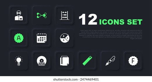 Set Fountain pen nib, Exam paper with incorrect answers, School timetable, Ruler, sheet A plus grade, CD DVD disk, Molecule and File document icon. Vector