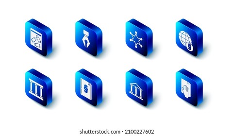 Set Fountain pen nib, Hexagram sheriff, International law, Oath the Holy Bible, Courthouse building, Law book, Prison window and Evidence bag and bullet icon. Vector