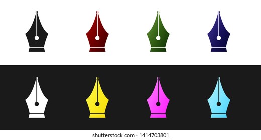 Set Fountain pen nib icon isolated on black and white background. Pen tool sign. Vector Illustration