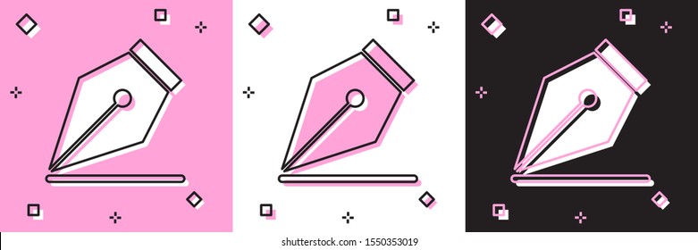 Set Fountain pen nib icon isolated on pink and white, black background. Pen tool sign.  Vector Illustration