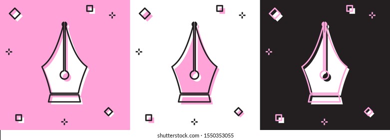 Set Fountain pen nib icon isolated on pink and white, black background. Pen tool sign.  Vector Illustration