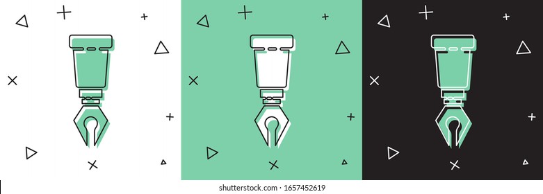 Set Fountain pen nib icon isolated on white and green, black background. Pen tool sign.  Vector Illustration