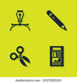 Set Fountain pen nib, News, Scissors and Pencil with eraser icon. Vector
