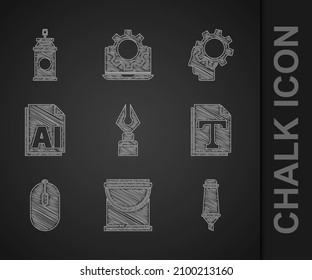 Set Fountain pen nib, Paint bucket, Marker, Text file document, Computer mouse, AI, Human head with gear inside and spray can icon. Vector