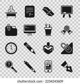 Set Fountain pen nib, Paper clip, Medal, Eraser or rubber, Computer monitor, Document folder with, Schoolboy sitting at desk and Pencil case stationery icon. Vector
