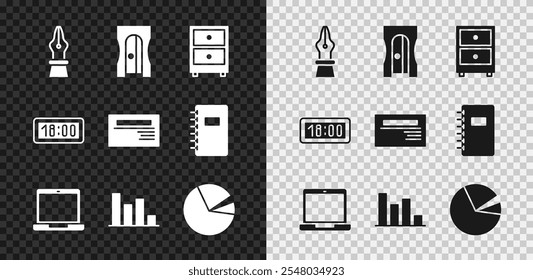 Definir fonte caneta nib, Apontador de lápis, Gaveta com documentos, Laptop, gráfico de pizza infográfico, relógio de alarme Digital e ícone de cartão de visita. Vetor