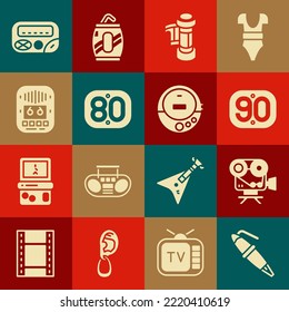 Set Fountain pen nib, Retro cinema camera, 90s, Camera roll cartridge, 80s, Cassette tape player, Pager and Music CD icon. Vector