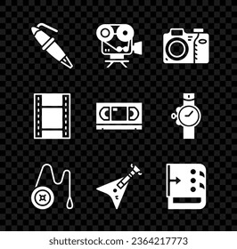 Set Fountain pen nib, Retro cinema camera, Photo, Yoyo toy, Electric bass guitar, Sound mixer controller, Play Video and VHS video cassette tape icon. Vector