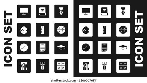 Set Fountain pen nib, Ruler, Clock, Computer monitor screen, Basketball ball, Book, Graduation cap and Acute angle icon. Vector