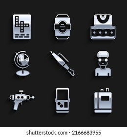 Set Fountain Pen Nib, Tetris, Book, Nerd Geek, Ray Gun, Earth Globe, Waistcoat And Crossword Icon. Vector