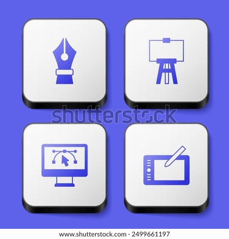 Set Fountain pen nib, Wood easel, Computer with design program and Graphic tablet icon. White square button. Vector