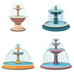 Set Of Fountains. Beautiful Objects In Cartoon Style.