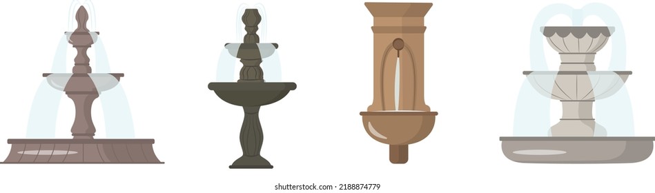 Montaje de fuentes en estilo de dibujos animados. Ilustración vectorial de antiguas fuentes para parques y casas de fondo blanco.