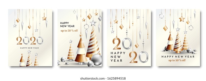 Set of four 2020 New Year Poster designs two on black backgrounds and two on white with gold and silver themed party decorations and text, vector illustration