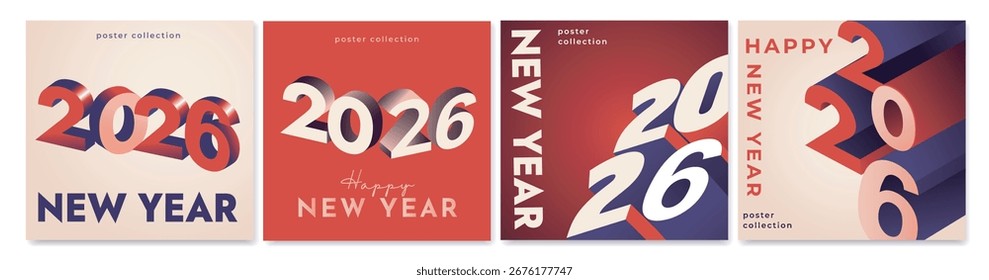 Conjunto de cuatro carteles del Año Nuevo 2026 con números atrevidos y tridimensionales en estilo gráfico moderno sobre fondos rojos y beige. Concepto de celebración de vacaciones. Ilustración vectorial