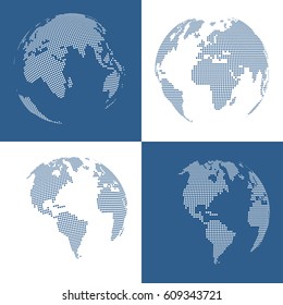 Set of four 3d dotted globes. Vector illustration.