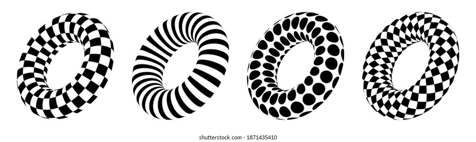 Set of four 3D geometric striped rounded shapes. Trendy illusion effect. The donuts. Black color. Stylised modern minimalistic graphic design. Decoration vector elements.