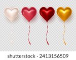 Set of four 3d glossy romantic red, pink, golden and beige heart balloons for Valentine's Day celebration. Colorful three dimensional shiny foil balloons in heart shape on transparent background
