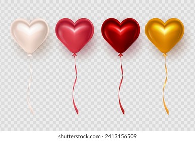 Set of four 3d glossy romantic red, pink, golden and beige heart balloons for Valentine's Day celebration. Colorful three dimensional shiny foil balloons in heart shape on transparent background