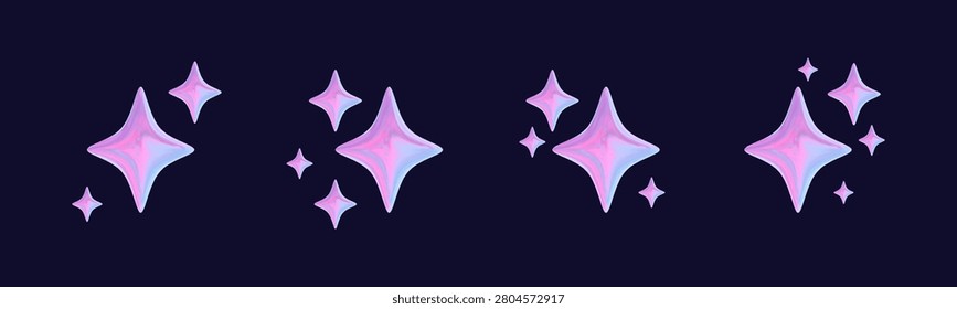 Set of four 3D iridescent four-pointed star sparkles with metallic holographic pink and blue texture isolated on dark background for graphic design and user interface.