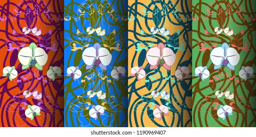 Set of four 3D vector  banners with hand-drawn floral ornament on a beautiful background with transparent shadows. Art nouveau.