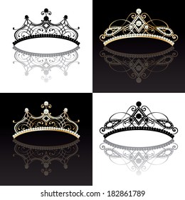 set of four 4 diadems. two 2 luxury gold with pearls feminine tiaras. with reflection and 2 two black elegance  tiara with reflection isolated on white background. vector illustration.