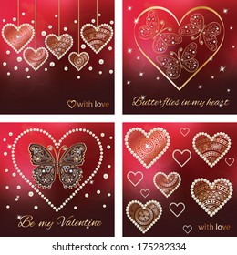 Set of four 4 luxury Valentine's cards with hearts: golden pearls borders on luxury red plum background, glamour collection. Can be used for greeting cards, signs, designs Vector illustrations