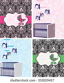Set of four (4) vintage baby shower invitation cards with ornate elegant retro abstract floral design, baby carriage, crib, fish mobile and polka dot ribbons. Vector illustration.
