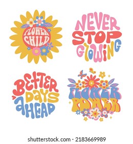 Set of four 70s lettering stickers. Retro graphic for T-shirt, posters, cards. Vintage typography letters with flowers. Flat hand drawn vector illustration.