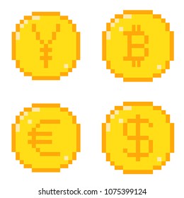 Set of four 8 bit pixel art coin icons. Color flat style concept of currency. Dollar, bitcoin, yen, euro.