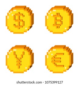 Set of four 8 bit pixel art coin icons. Color 3D concept of currency. Dollar, bitcoin, yen, euro.