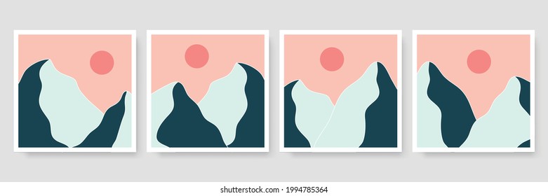 Set of four Abstract Aesthetic mid century modern landscape Contemporary boho poster cover template. Minimal and natural Illustrations for art print, postcard, wallpaper, wall art