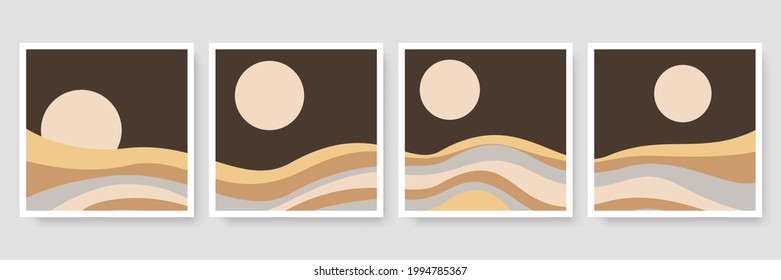 Set of four Abstract Aesthetic mid century modern landscape Contemporary boho poster cover template. Minimal and natural Illustrations for art print, postcard, wallpaper, wall art