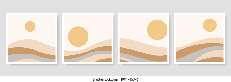 Set of four Abstract Aesthetic mid century modern landscape Contemporary boho poster cover template. Minimal and natural Illustrations for art print, postcard, wallpaper, wall art