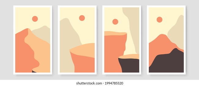 Set of four Abstract Aesthetic mid century modern landscape Contemporary boho poster cover template. Minimal and natural Illustrations for art print, postcard, wallpaper, wall art