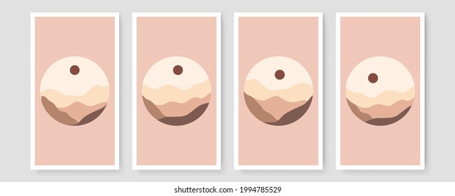 Set of four Abstract Aesthetic mid century modern landscape Contemporary boho poster cover template. Minimal and natural Illustrations for art print, postcard, wallpaper, wall art