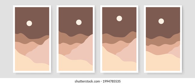 Set of four Abstract Aesthetic mid century modern landscape Contemporary boho poster cover template. Minimal and natural Illustrations for art print, postcard, wallpaper, wall art