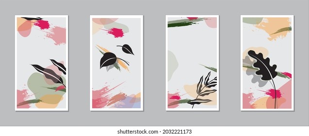 Set of four abstract art backgrounds with floral and tree leaves and watercolor organic shapes hand paint design for wall decor, poster and wallpaper. Vector illustration. 