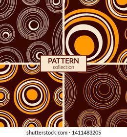 Set of four abstract asymmetrical circles seamless pattern. Australian aboriginal ornament. Aboriginal painting style. Doodle sketch style. Tribal ornament. Flat design. Vector color illustration.