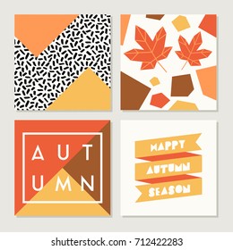 A set of four abstract autumn designs in yellow, red, brown, white and orange. Poster, brochure or greeting card square templates with sample text.