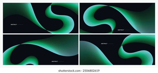 A set of four abstract background designs featuring smooth, flowing curves and gradients of green and blue on a dark background. Each design has a unique composition with a modern and futuristic look.