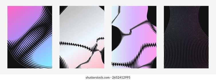 Un conjunto de cuatro diseños de fondo abstractos con colores degradados y patrones de línea negra contrastantes, adecuados para una variedad de aplicaciones de diseño creativas y modernas.