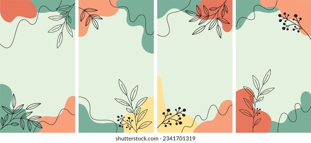 Set of four abstract background with shapes and plants. Able to use for social media posts, stories, banners design.	